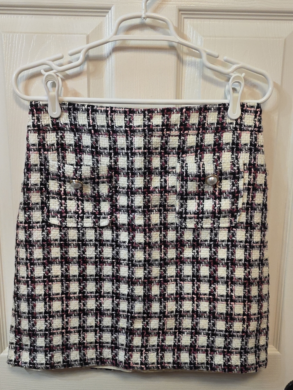 Maison D' Amelie Plaid Tweed Mini Skirt with Pearl Buttons